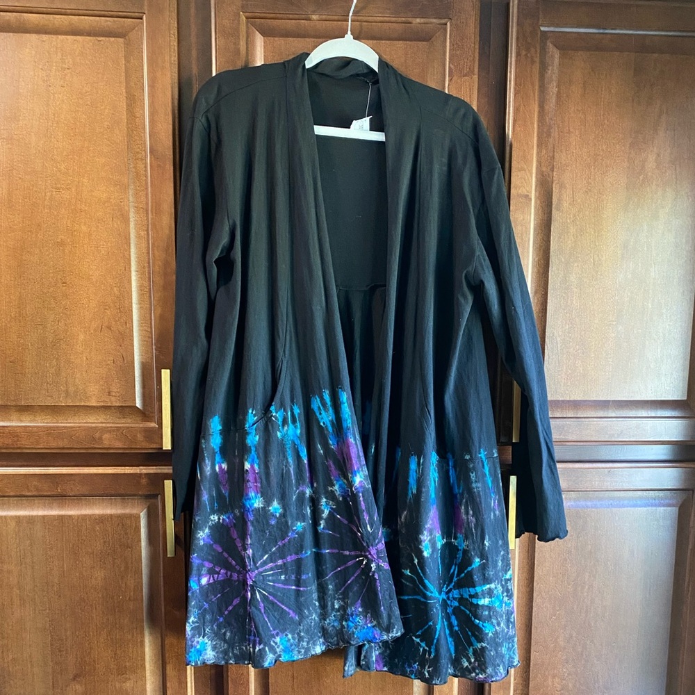 Black and Blue Women's Cardigan Tunic with Starburst Design Swing Design Tie Dye